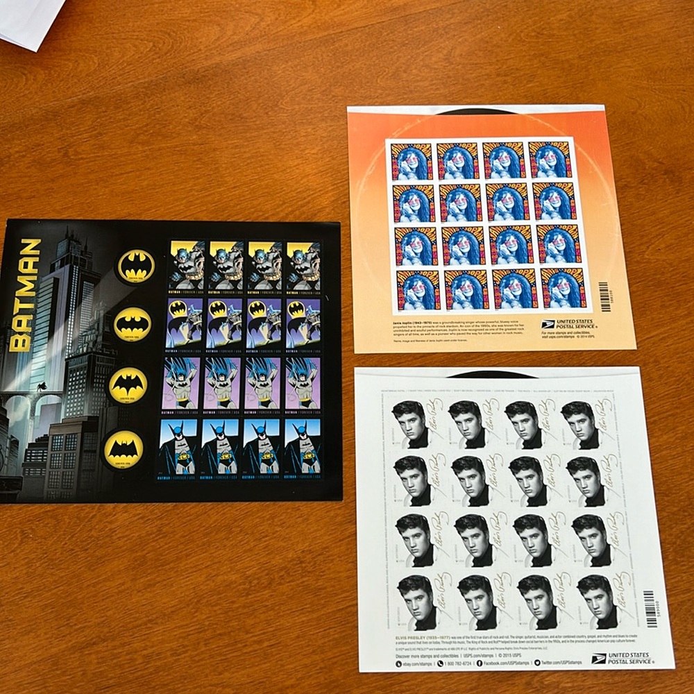 Forever stamps Batman, JanisJoplin, Elvis